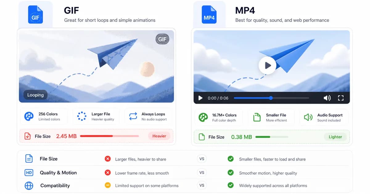 Educational comparison graphic showing GIF versus MP4 file size, quality, and compatibility differences.