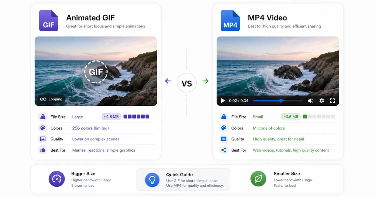 Side-by-side visual comparison between a GIF card and an MP4 player card.