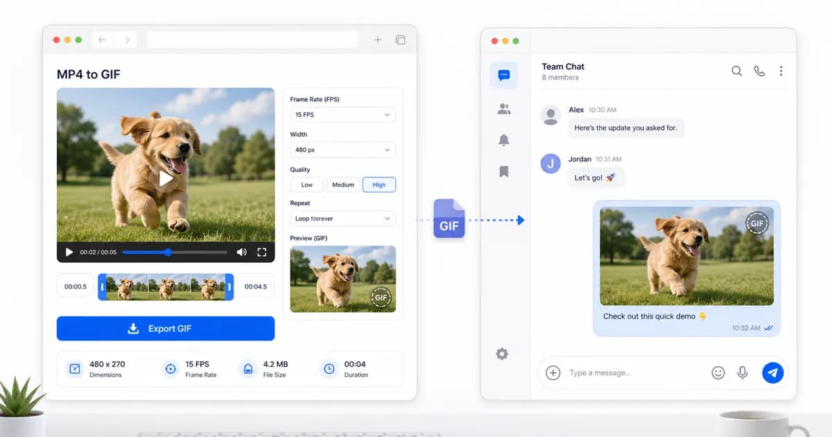 Browser-based converter feeding a compact GIF into a generic chat app conversation.
