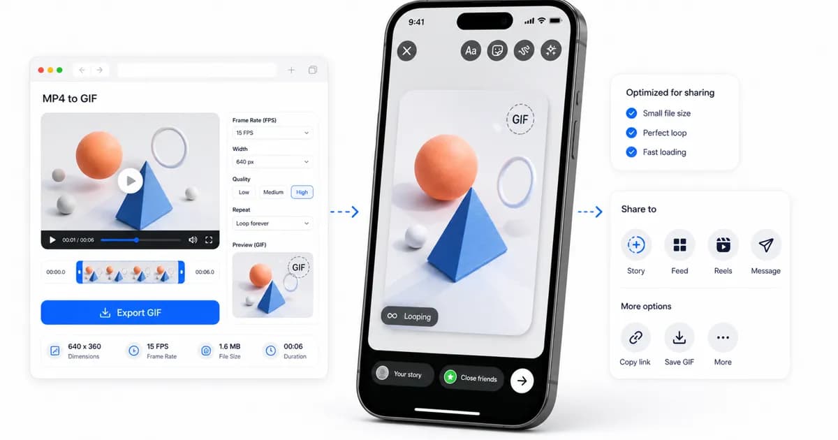 Mobile-first social sharing workflow with a phone preview and browser-based GIF export settings.