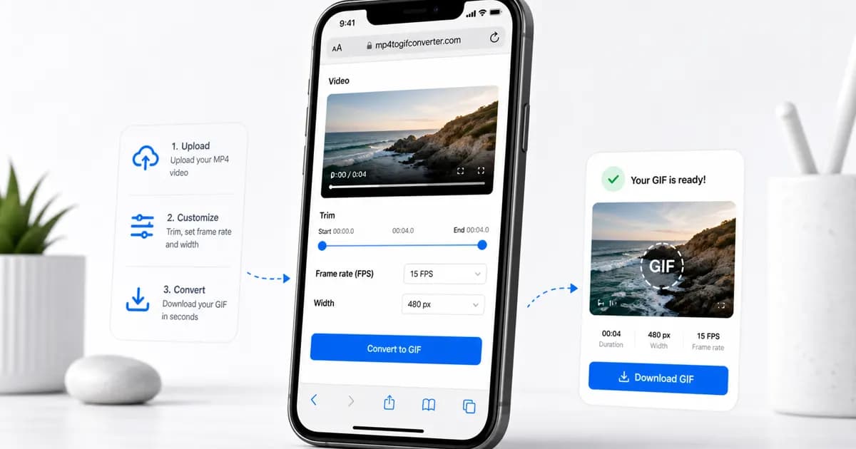 iPhone showing a browser-based MP4 to GIF workflow with trim and export controls.