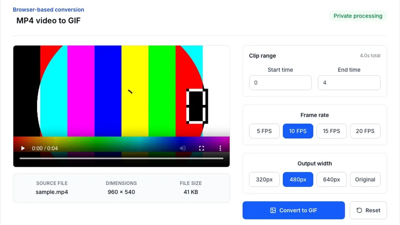 Step 2: Set clip range, frame rate, and output width before conversion.